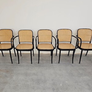1 of 5 Black Bentwood Dining Armchairs designed by Josef Hoffmann for Mundus Model Prague / Cane Dining Chairs / Made in Yugoslavia in 1960s