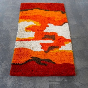 Swedish Rya Rug // Mid Century Rug // Orange and Red Rug // Made in Sweden in 1970s