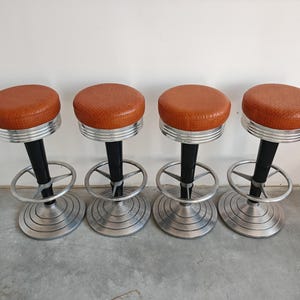 Set of 4 Art Deco inspired bar stools done on aluminum, wood and leather, manufactured by Go-In Design Munich // Made in Germany in 1980s