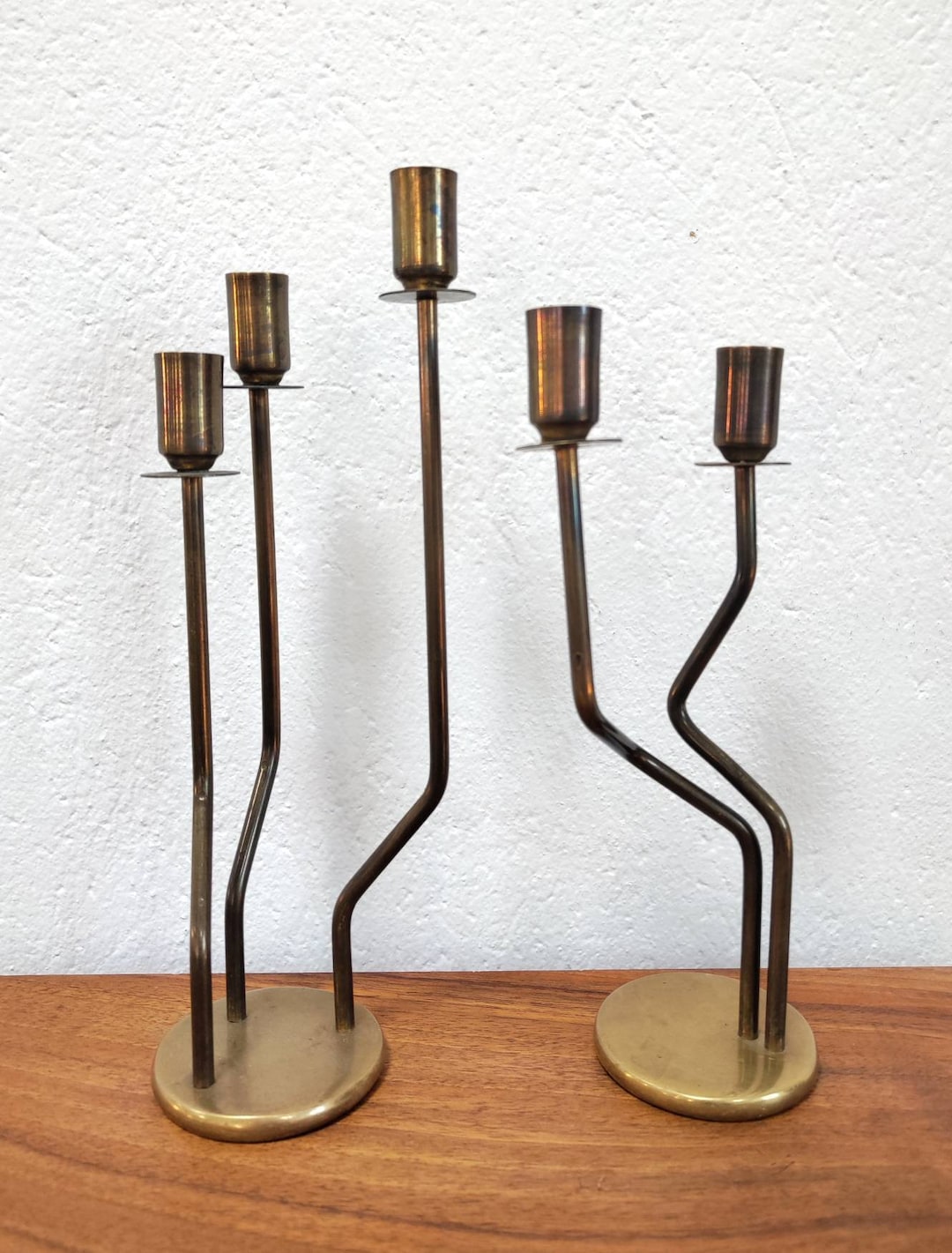 Set of 2 Mid Century Modern Candlestick Holders // Brass Candlestick