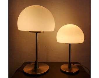 Pair of Vintage Chrome Mushroom Table Lamps with Opaline Glass Shades // Space Age Mushroom Lamps with Touch Sensor / Made in Italy in 1980s