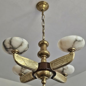 Rare XL Art Deco Chandelier attr. to Atelier Petitot, done in bronze and walnut, with alabaster shades // Made in France in 1920s