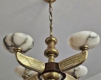 Rare XL Art Deco Chandelier attr. to Atelier Petitot, done in bronze and walnut, with alabaster shades // Made in France in 1920s