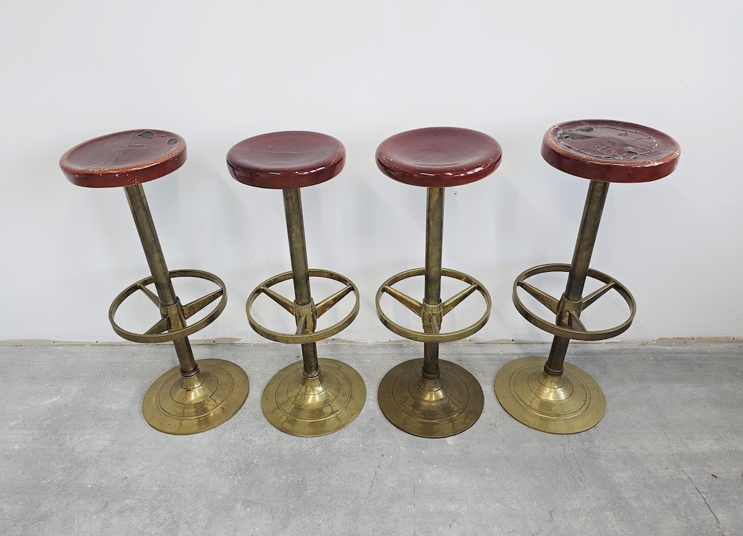 Set of 4 Antique Bar Stools Done in Solid, Thick Brass, With Wood Seat ...