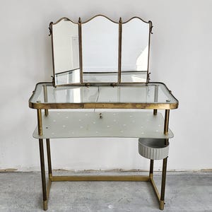 Mid Century Modern Vanity Table with Triptych Mirror designed by Luigi Brusotti done in bronze and glass // Made in Italy in 1950s