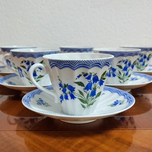 Set of 6 Tea Cups with saucers by Russian Imperial Porcelain Lomonosov // Lomonosov Porcelain with Bluebells // Made in USSR in 1960s