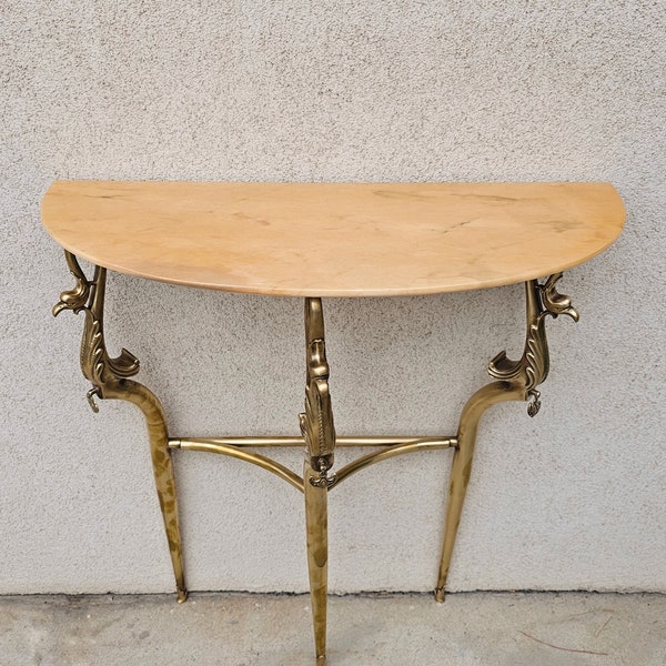 Hollywood Regency Brass Console Table with Semi-Circular Marble Top featuring Swan Motif // Made in Italy in 1950s
