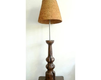 Vintage Hand Carved Timber Floor Lamp // Mid Century Modern Floor Lamp // Wicker Shade Floor Lamp // Made in West Germany in 1960s