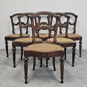 Set of Six Antique Dining or Side Chairs with Cane seats, solid walnut // Made in France, Mid 19th Century