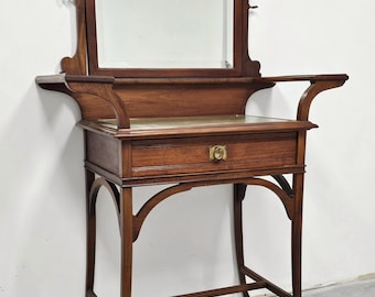 Jugendstil Frisiertisch oder Schminktisch mit Spiegel, in Nussbaum massiv // Made in France um 1910