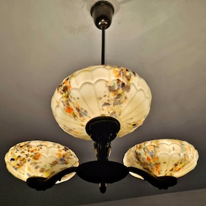 Art Deco Chandelier // 3-Arm Antique Chandelier in Brass and Wood // Spectacular Art Nouveau Chandelier // Made in Yugoslavia