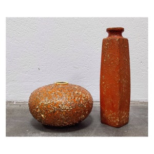 Pair of Mid Century Modern Fat Lava Glazed Vases // Tofej Pottery Vases // Orange Tofej Ceramics // Made in Hungary in 1970s