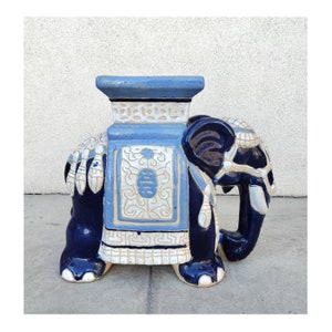 Vintage Elephant Shaped Ceramic Garden Stool or Plant Stand // Blue and White Ceramic Elephant // Made in Belgium in 1960s