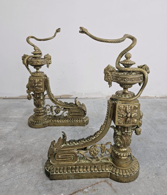 A Pair of 19th Century English Gilt Brass & Iron Andirons A Pair of 19th Century English Gilt Brass & Iron Andirons