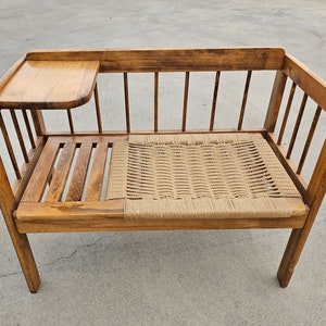 Mid Century Modern Telephone Bench with Danish Paper Cord Seat in style of Hans J. Wegner // Gossip Bench // Made in Yugoslavia in 1960s