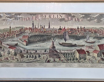 Copper Print of a Panoramic View of Berlin and Spree River with with description of all important buildings, by Johann Friedrich Probst