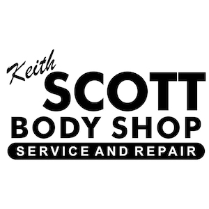 May include: Black and white logo for Keith Scott Body Shop, a business that provides service and repair.