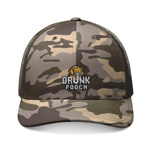 Drunk Pooch Camouflage Embroidered Trucker Hat - Stylish Outdoor Cap for Adventurer, Hunter&#39;s Gear, Gift for Pet Lovers, Hunting Gift, Camo
