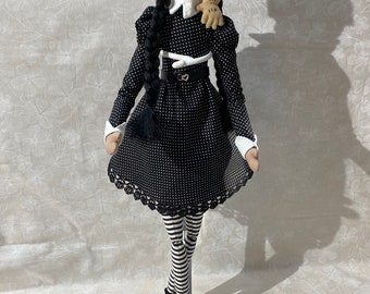 Tilda doll inspired, Wednesday Addams family, collectable doll, cute doll, creepy handmade textile huggable doll.