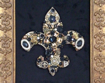 New Orleans Gold Framed Fleur de Lis made with recycled Vintage Jewelry in Black and Gold