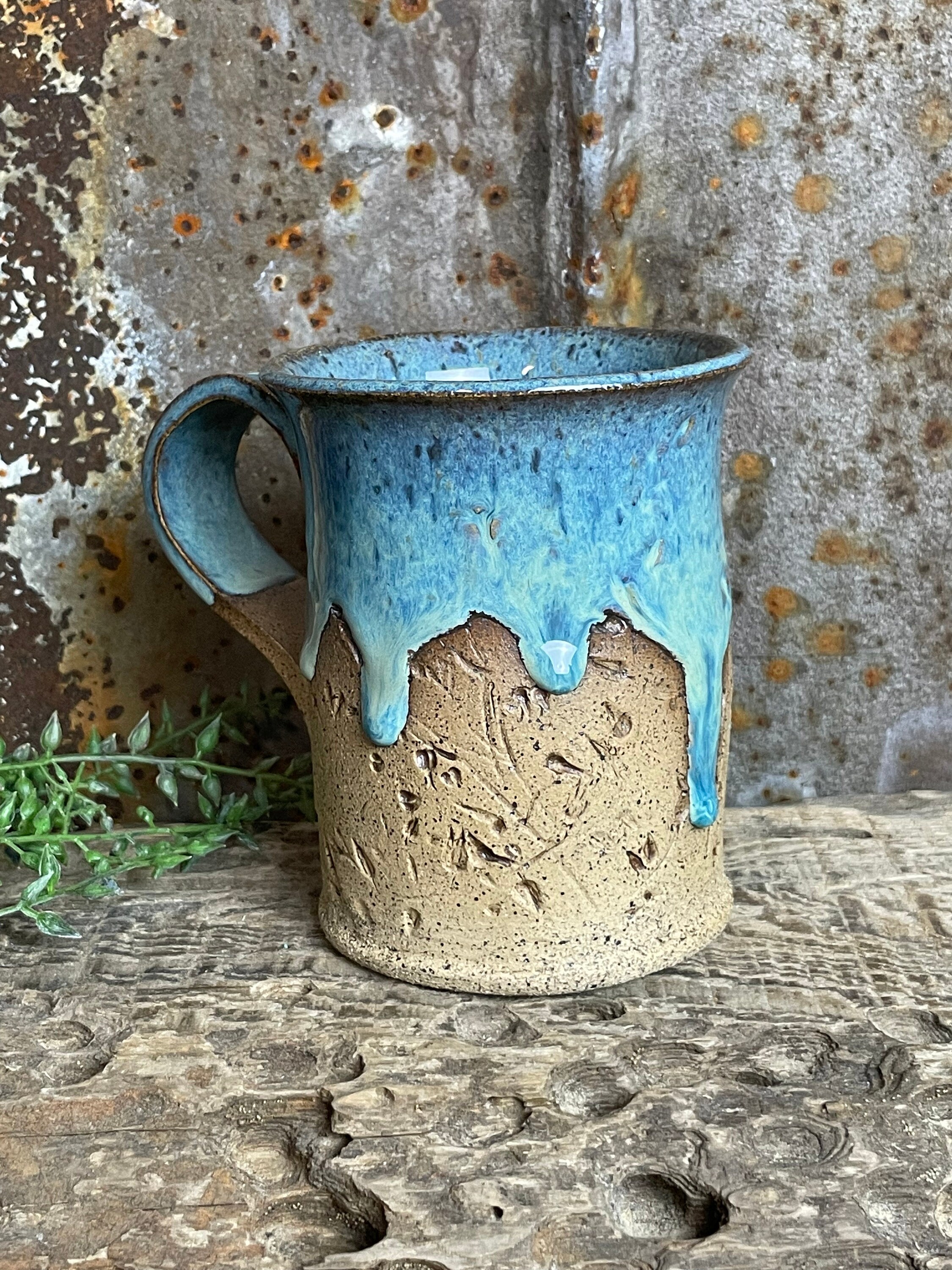 Blue embossed Handmade Pottery Mug 16 oz Etsy