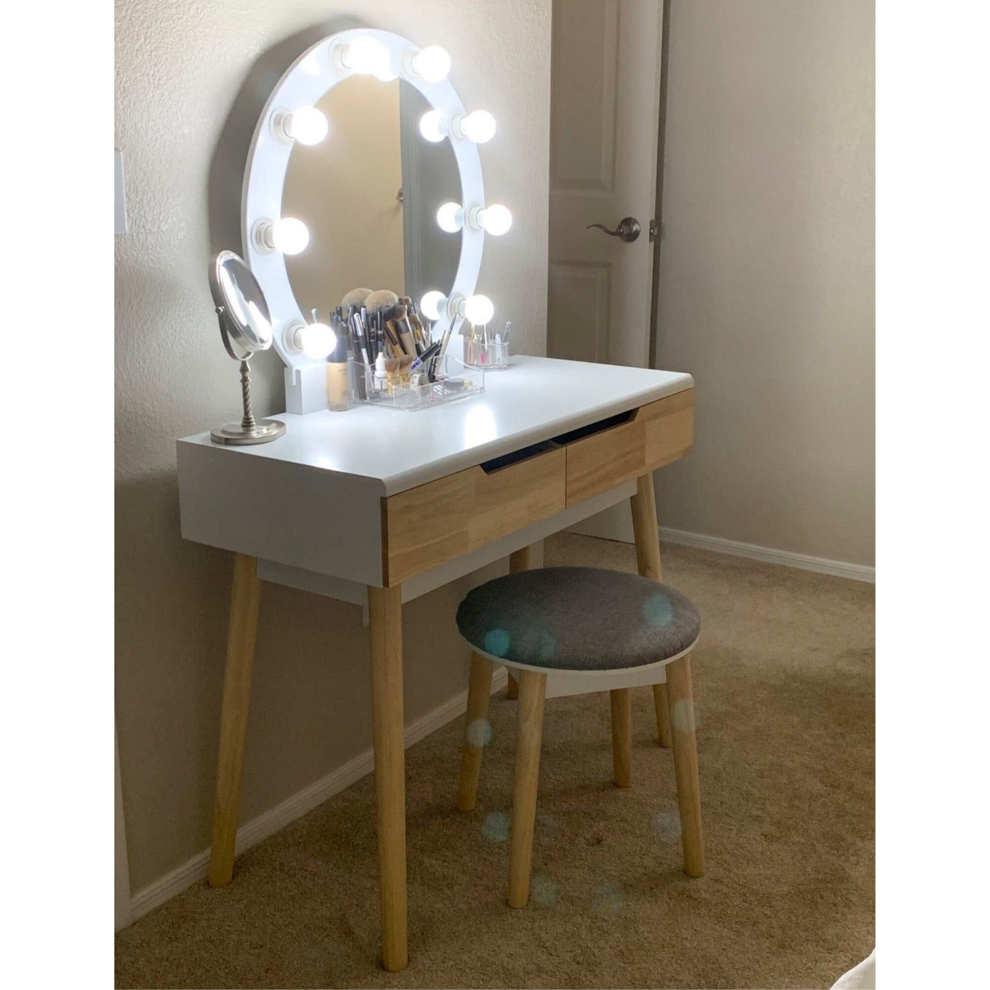 Vanity Set with Round Lighted Mirror Wood Makeup Vanity Etsy