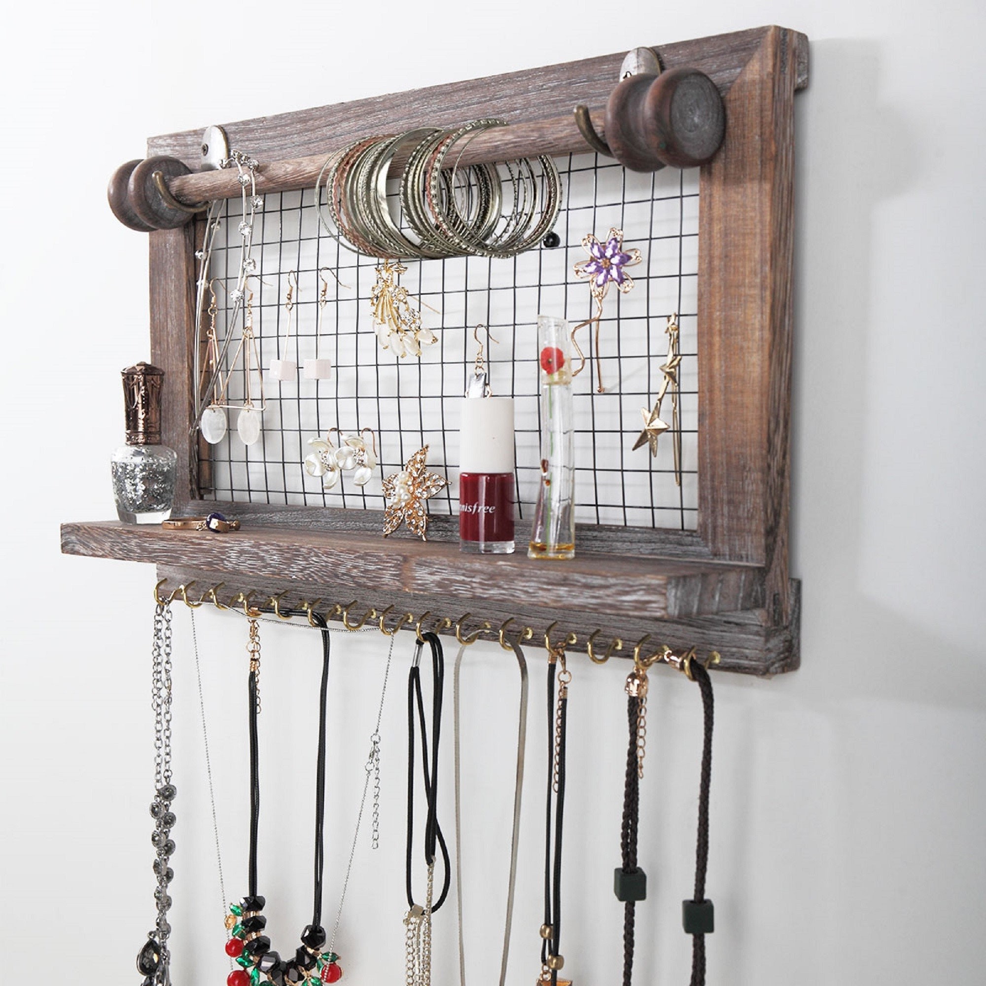 Wall Mounted Jewelry Organizer Rustic Wood Jewelry Holder Etsy