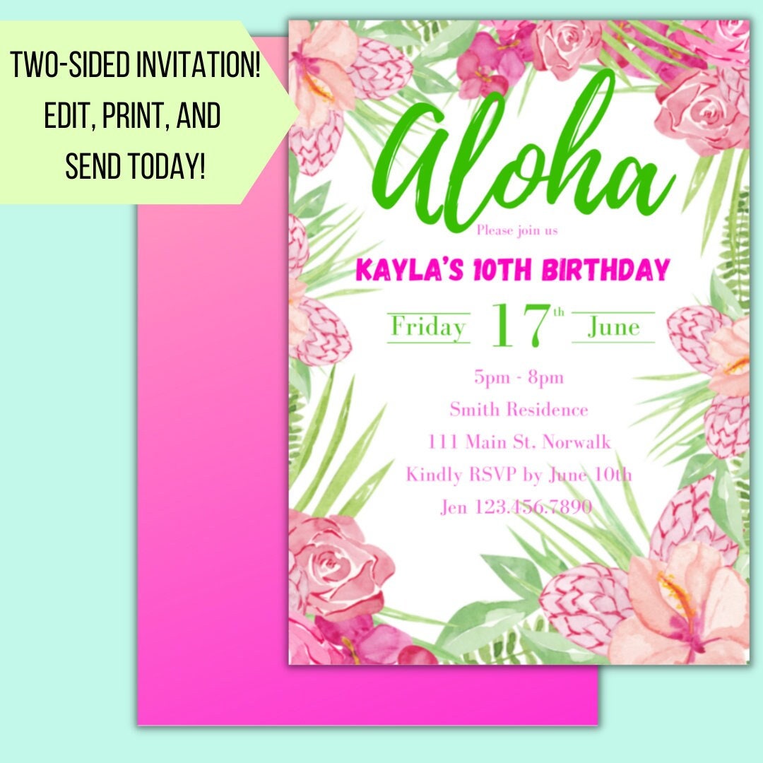 Aloha Pink Hibiscus Birthday Invitation Luau Invitation Hawaiian Invitaiton Hawaiian Luau Party Invitation Aloha