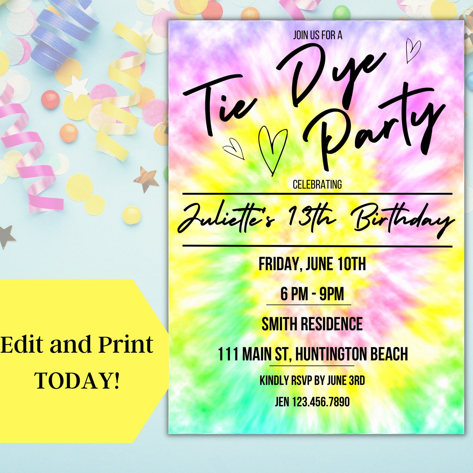 TIE DYE PARTY Invitation Template Do It Yourself Edit and - Etsy