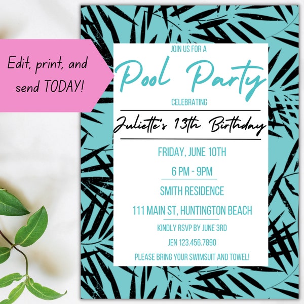 Tropical Palm Leaves Pool Party Invites / Swimming Beach Party / Teal and Black / Birthday Engagement Shower Summer Party /