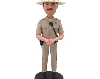 Custom Sheriff Bobblehead  "SALAZAR" Badge  White Hat Detail  Realistic Police Gift with Radio Holster