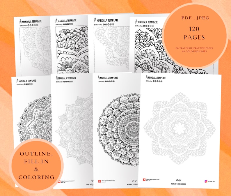 Puede incluir: Un conjunto de 120 p&aacute;ginas para colorear de mandalas imprimibles. Las p&aacute;ginas se dividen en dos secciones: 60 p&aacute;ginas de pr&aacute;ctica trazables y 60 p&aacute;ginas para colorear. Las p&aacute;ginas presentan dise&ntilde;os intrincados de mandalas en blanco y negro.