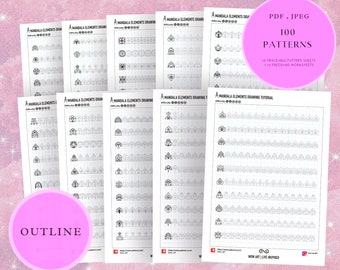 May include: A printable worksheet with 100 mandala elements drawing patterns. The worksheet is divided into 10 sections, each with 10 different patterns. The patterns are all black and white and are drawn on a grid. The worksheet is titled "Mandala Elements Drawing Tutorial".