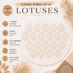 Lotus Stencil Set #7 | Reusable Flexible Plastic Stencils | Semi-Transparent Mandala Templates | Dot Painting | 21 Designs/3 Sizes | DIY