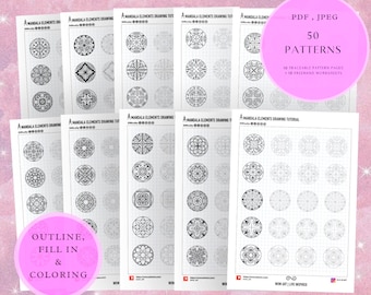 May include: A printable PDF and JPEG download of 50 mandala patterns. The patterns are black and white and are arranged in a grid on a white background. The text "PDF, JPEG 50 PATTERNS 10 TRACEABLE PATTERN PAGES - 10 FREEMAND WORKSHEETS" is in a pink circle at the top of the page. The text "OUTLINE, FILL IN & COLORING" is in a pink circle at the bottom of the page.