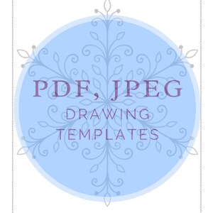 Puede incluir: Una plantilla de mandala azul y blanca para dibujar. La plantilla tiene la forma de un copo de nieve con detalles intrincados. El texto "PDF, JPEG DRAWING TEMPLATES" est&aacute; escrito en morado en la plantilla.