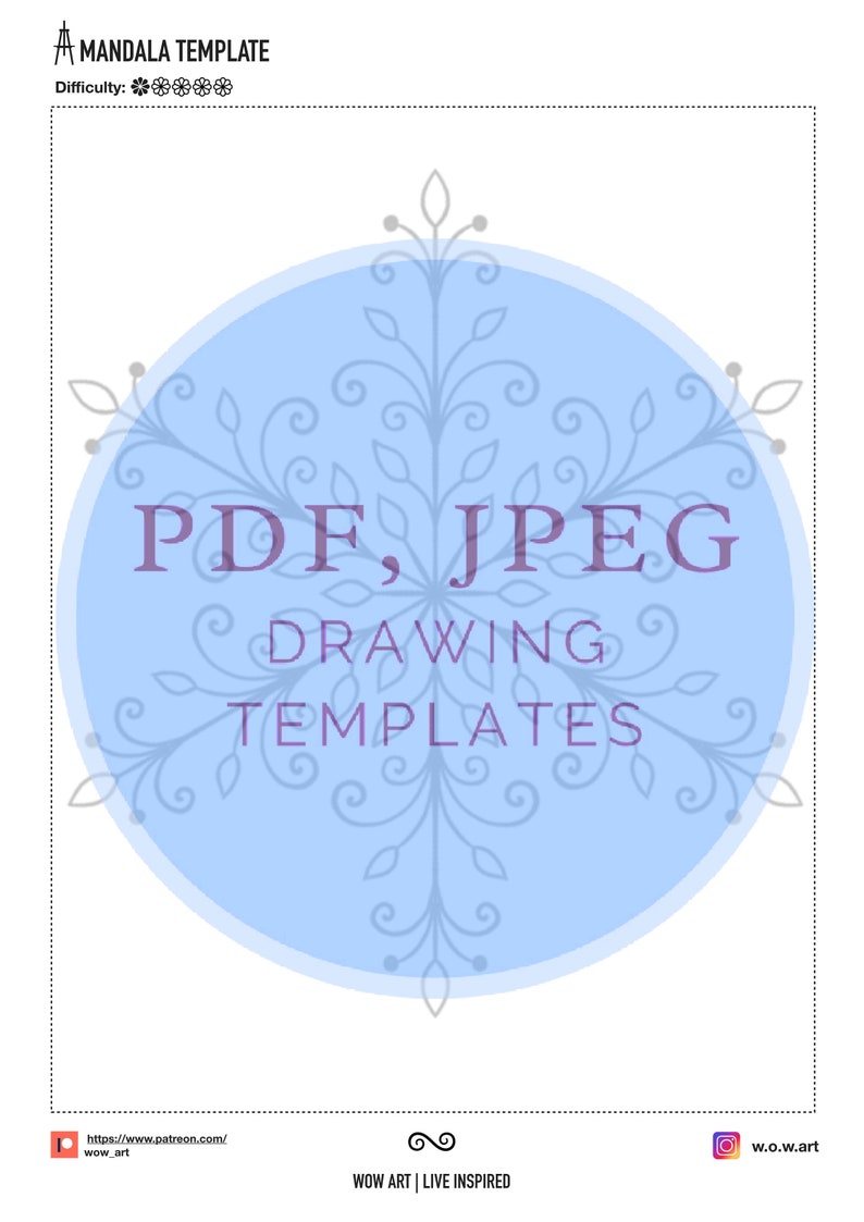 Puede incluir: Una plantilla de mandala azul y blanca para dibujar. La plantilla tiene la forma de un copo de nieve con detalles intrincados. El texto "PDF, JPEG DRAWING TEMPLATES" est&aacute; escrito en morado en la plantilla.