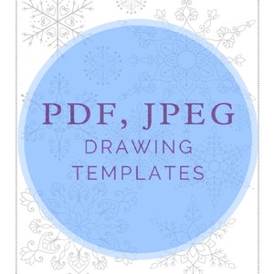 Puede incluir: Un c&iacute;rculo azul con un contorno blanco, rodeado de copos de nieve. El c&iacute;rculo contiene el texto "PDF, JPEG DRAWING TEMPLATES" en texto morado.