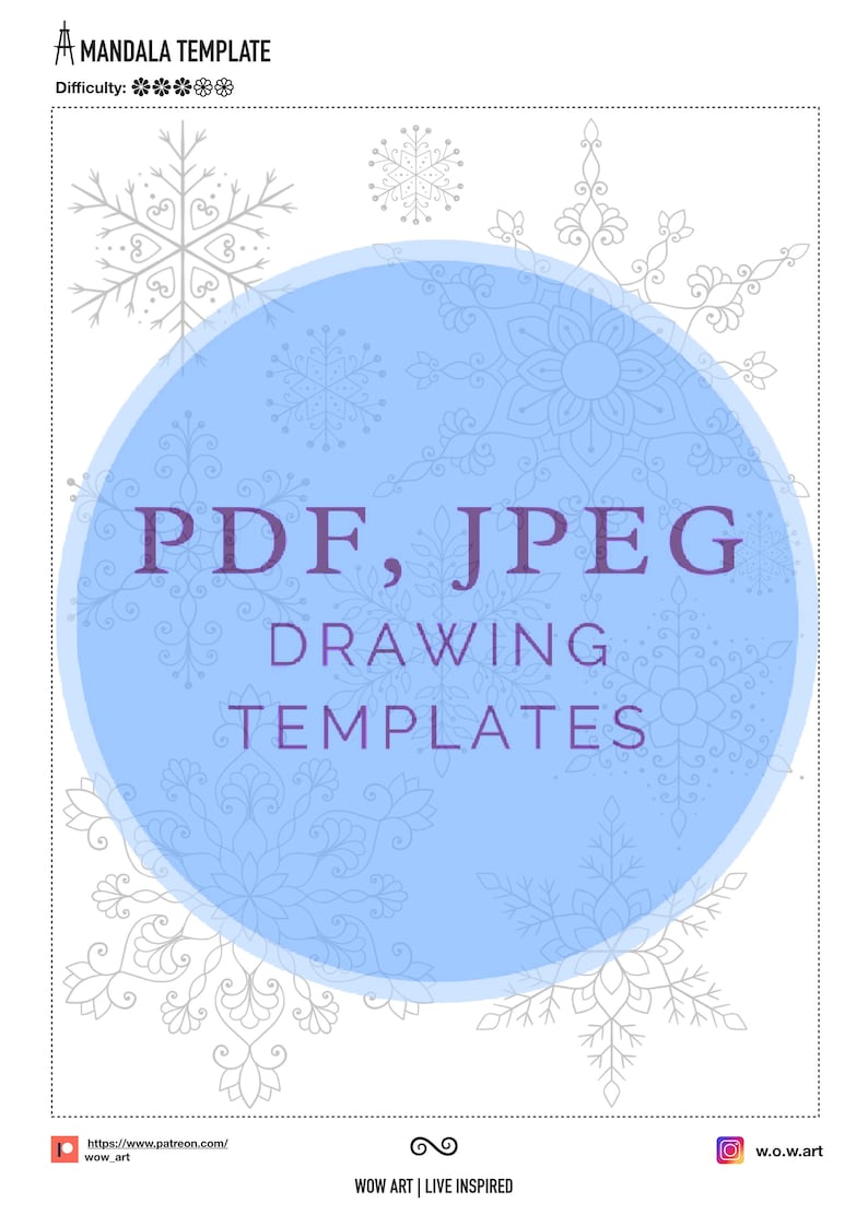 Puede incluir: Un c&iacute;rculo azul con un contorno blanco, rodeado de copos de nieve. El c&iacute;rculo contiene el texto "PDF, JPEG DRAWING TEMPLATES" en texto morado.