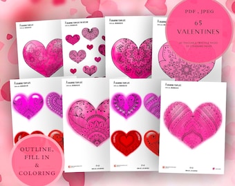 May include: A set of 65 printable Valentine's Day coloring pages featuring hearts with intricate designs. The pages are labeled "Outline, Fill In & Coloring" and include 20 traceable practice pages and 20 coloring pages.