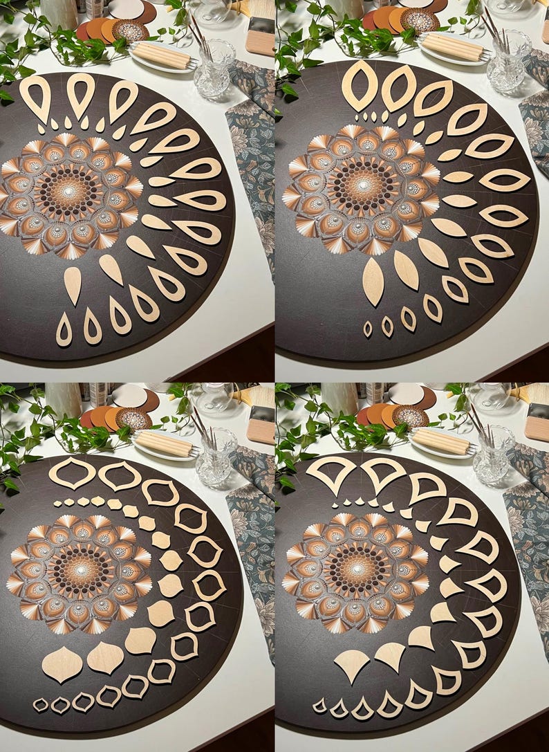 Puede incluir: Cuatro dise&ntilde;os de mandalas diferentes con plantillas de madera para crear los dise&ntilde;os. Las plantillas son de varias formas, incluyendo gotas, &oacute;valos y formas geom&eacute;tricas. Los mandalas est&aacute;n pintados en tonos de marr&oacute;n, blanco y dorado.