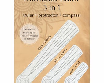 Mandala WOW Ruler 3-in-1 Compass + Protractor + Ruler, Dot Mandala Tool, Stencil for Mandala Art, D30cm/12 inc. D60cm/24 inc. D100cm/40inc.