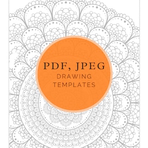 Puede incluir: Una plantilla de dibujo de mandala en blanco y negro en formato PDF y JPEG. La plantilla es intrincada y detallada, con un dise&ntilde;o circular de patrones superpuestos. El texto "PDF, JPEG DRAWING TEMPLATES" se muestra en un c&iacute;rculo grande de color naranja en el centro del mandala.