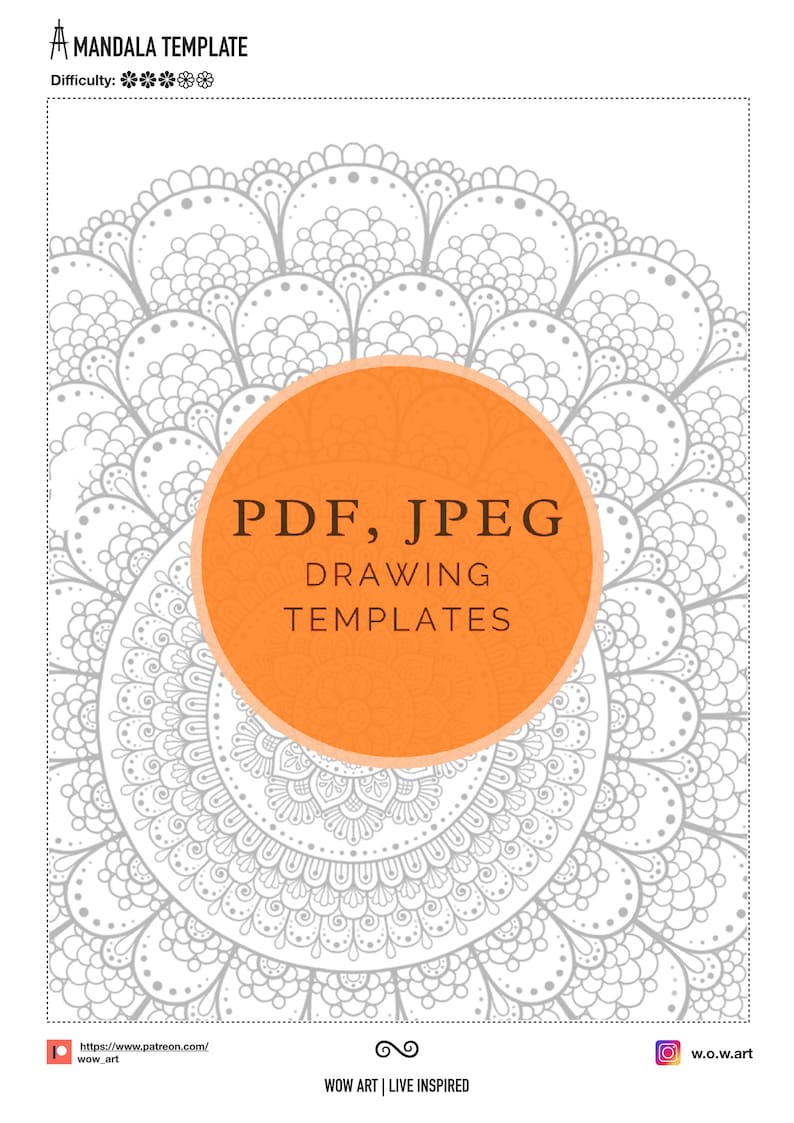 Puede incluir: Una plantilla de dibujo de mandala en blanco y negro en formato PDF y JPEG. La plantilla es intrincada y detallada, con un dise&ntilde;o circular de patrones superpuestos. El texto "PDF, JPEG DRAWING TEMPLATES" se muestra en un c&iacute;rculo grande de color naranja en el centro del mandala.