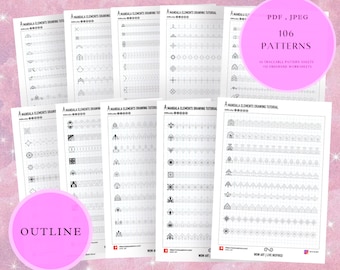 Op de afbeelding: Een set van 10 printbare werkbladen met 106 tutorials voor het tekenen van mandala-elementen. De werkbladen zijn zwart-wit en bevatten traceerbare patronen en oefeningen met de vrije hand. De titel van de set is "PDF, JPEG 106 PATTERNS 10 Traceable Pattern Sheets 10 Freehand Worksheets".