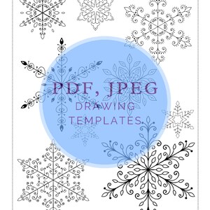 Puede incluir: Una plantilla de mandala imprimible con seis dise&ntilde;os intrincados de copos de nieve. La plantilla est&aacute; etiquetada como "PDF, PLANTILLAS DE DIBUJO JPEG" e incluye una calificaci&oacute;n de dificultad de cinco estrellas.