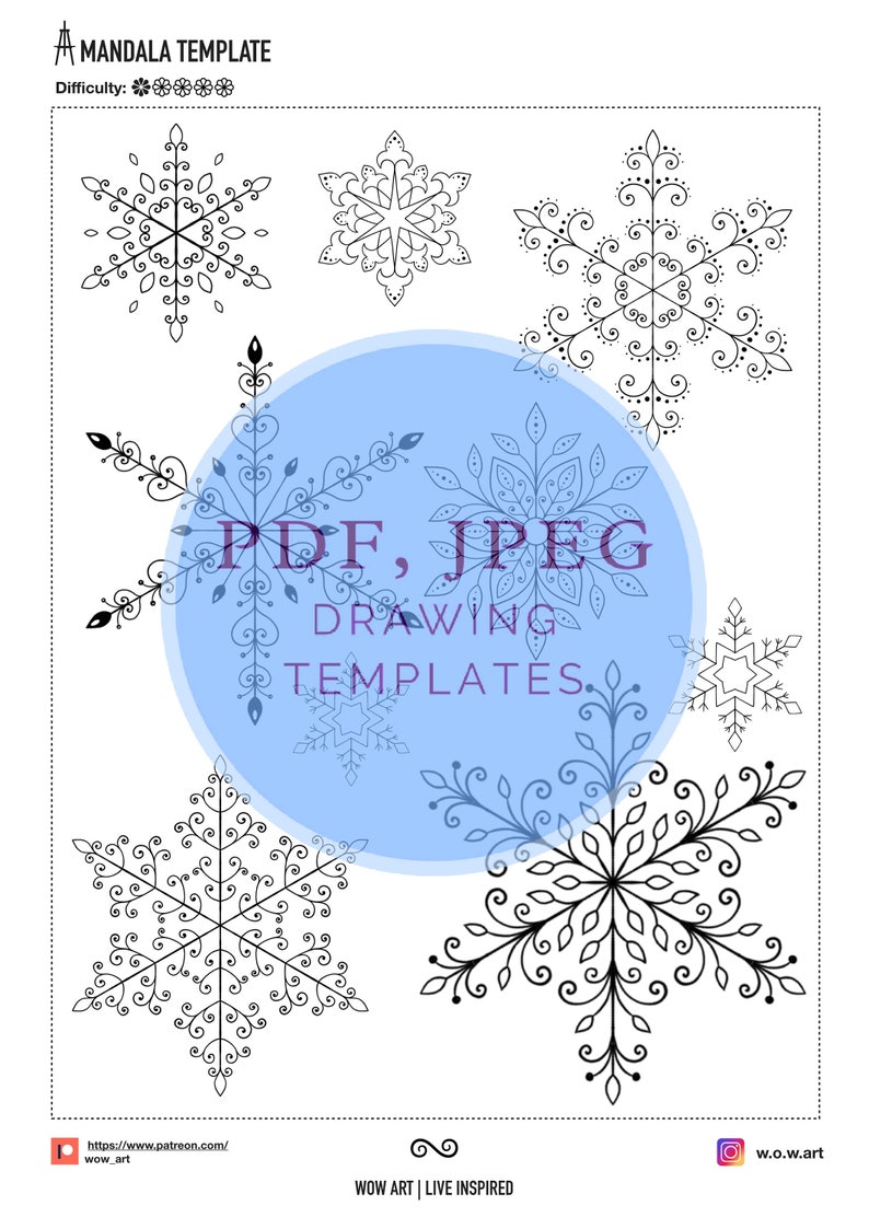 Puede incluir: Una plantilla de mandala imprimible con seis dise&ntilde;os intrincados de copos de nieve. La plantilla est&aacute; etiquetada como "PDF, PLANTILLAS DE DIBUJO JPEG" e incluye una calificaci&oacute;n de dificultad de cinco estrellas.