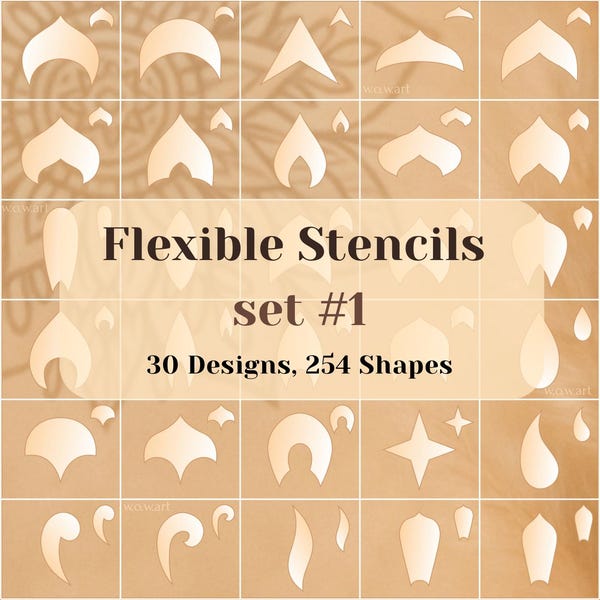 Flexible Stencils Set #1: 30 Designs, 254 Shapes.Reusable Stencils for Painting, Mandalas & DIY, Geometric Patterns, Dot Art tools, supplies