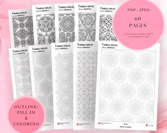 May include: A set of 60 printable mandala coloring pages in PDF and JPEG format. The pages feature intricate designs and patterns, perfect for adults and children who enjoy coloring.