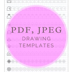 Może przedstawiać: R&oacute;żowe koło z tekstem "PDF, JPEG DRAWING TEMPLATES" na białym tle siatki. Koło jest otoczone r&oacute;żnymi czarno-białymi elementami wzoru mandali.